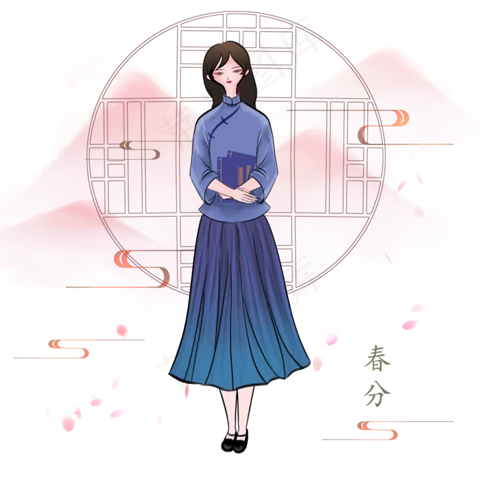 春分拿着书的小女孩,免抠元素(2000X2000(DPI:300))psd模版下载