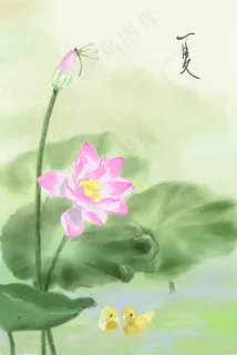 水彩古风初夏荷花图 水彩古风初夏荷花图