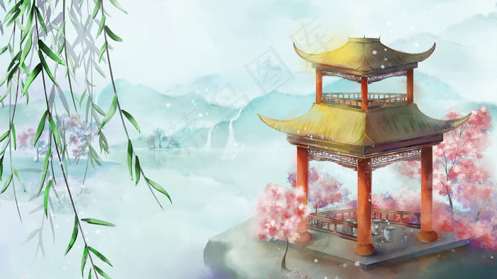中国风古风双层观景亭国风山水风景(2880*1620px 300 dpi )psd模版下载