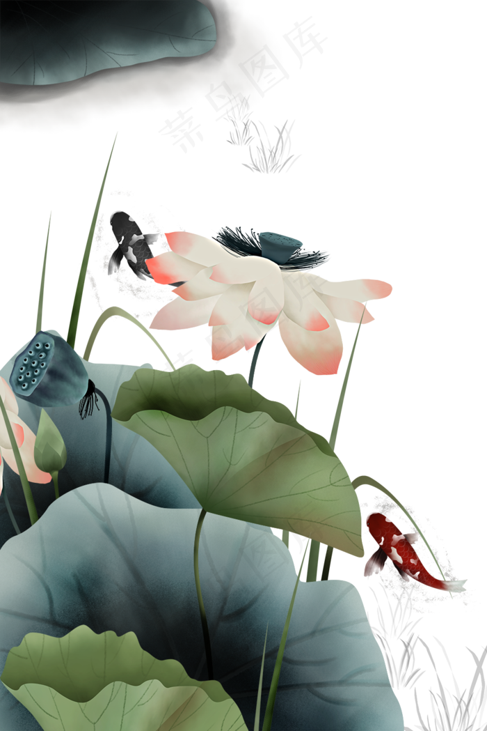 工笔画荷花池塘鲤鱼(1000X1499(DPI:72))psd模版下载