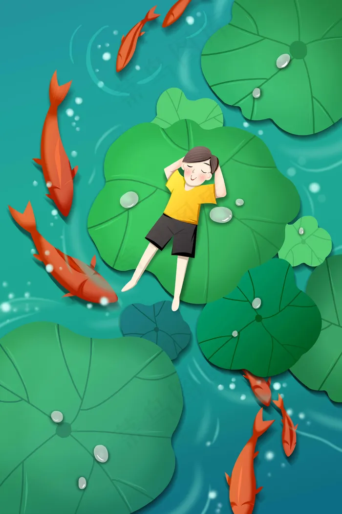 绿色系卡通手绘风立夏池塘荷叶男孩配图(3545X5315(DPI:300))psd模版下载