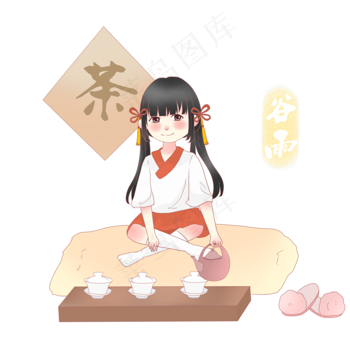 谷雨喝茶的小女孩(2000X2000(DPI:300))psd模版下载