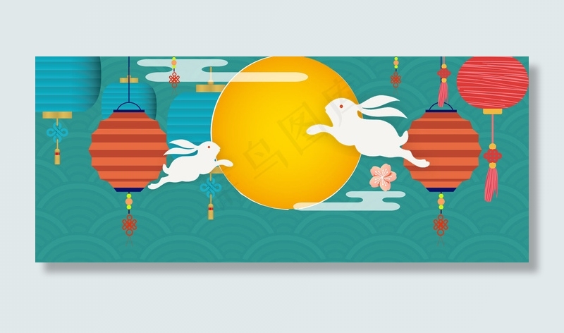 简约清新中秋节灯笼玉兔团圆背景海报