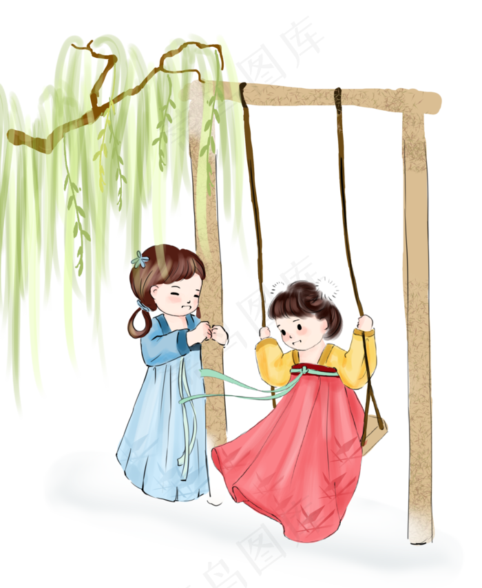 清明节中国风水彩柳树下荡秋千
