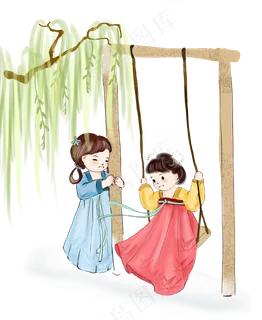 清明节中国风水彩柳树下荡秋千