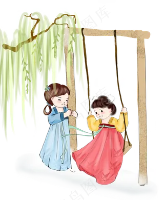 清明节中国风水彩柳树下荡秋千