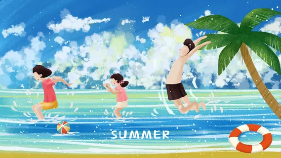 夏日小暑海边一家人跳水玩耍 夏日小暑海边一家人跳水玩耍