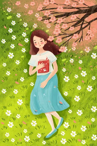 欣赏樱花和女孩躺在花海