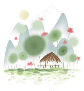 春天古风荷花和草屋,免抠元素