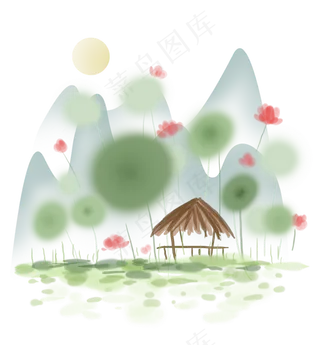 春天古风荷花和草屋,免抠元素