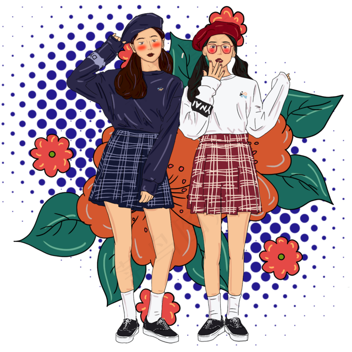 现代时尚手绘小美女插图