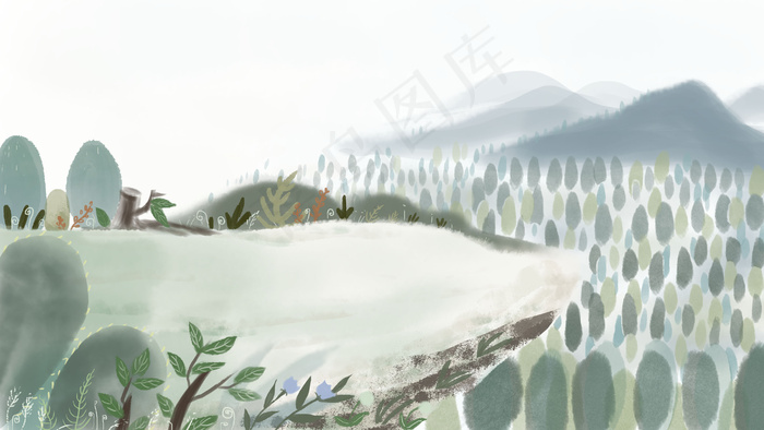 蓝绿色系水墨风安静淡雅简约森林风景图