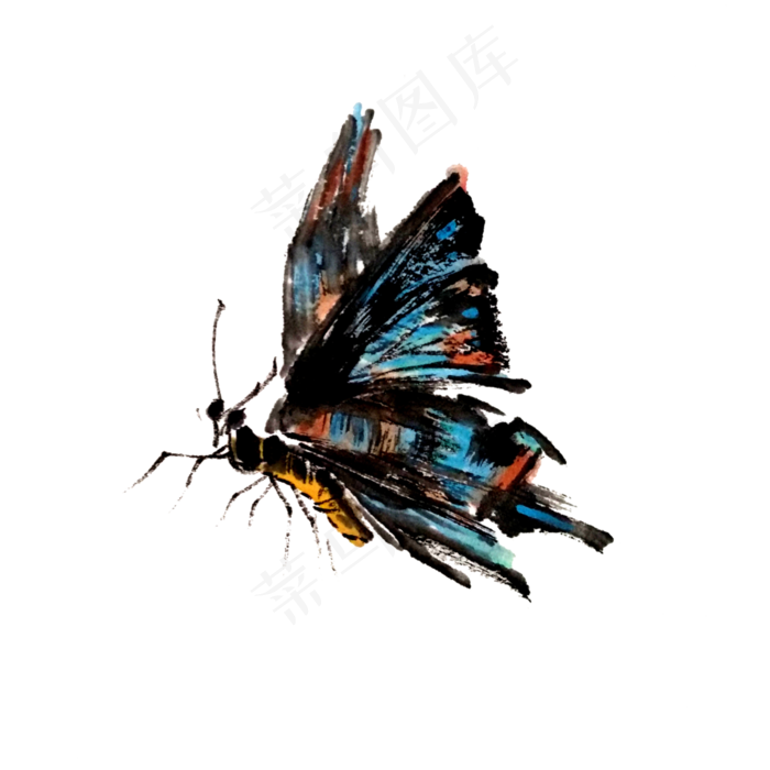 蝴蝶水墨国画彩色PNG翅膀,免抠元素(3000X3000(DPI:300))psd模版下载