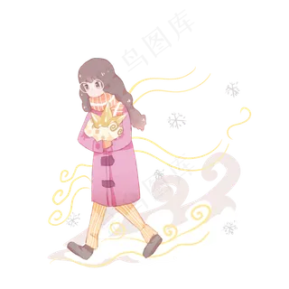 冬季走在路上的小女孩,免抠元素