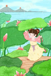 立夏卡通古风拿着荷叶避雨奔跑的小女孩配图 立夏卡通古风拿着荷叶避雨奔跑的小女孩配图