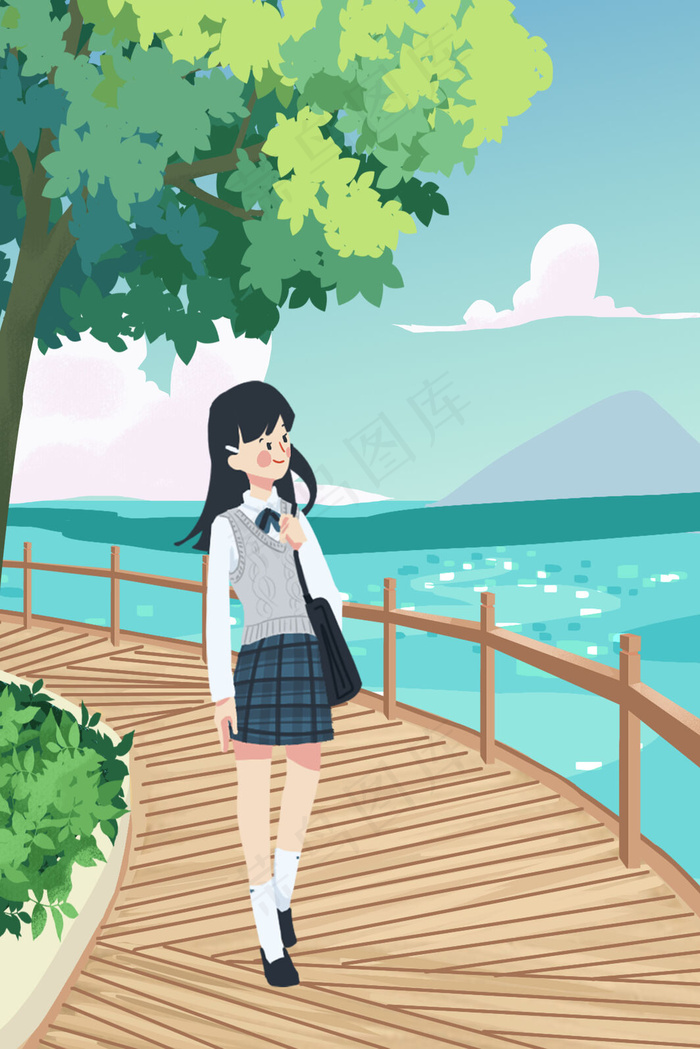 夏日出游湖边女孩