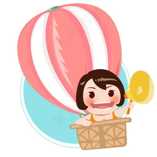 坐热气球拿喇叭的开心卡通女,免抠元素