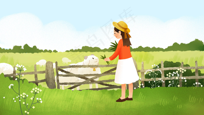 芒种丰收农田绵羊少女青春阳光手绘风格插画