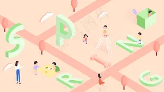 2.5D春天卡通学生春游野餐放风筝