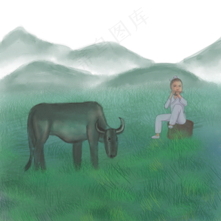 牧童放牛郎牛吹笛子