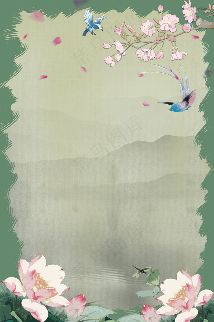 工笔画中国风中国画荷塘花鸟樱花瓣蜻蜓(3543*5315px 	      )psd模版下载