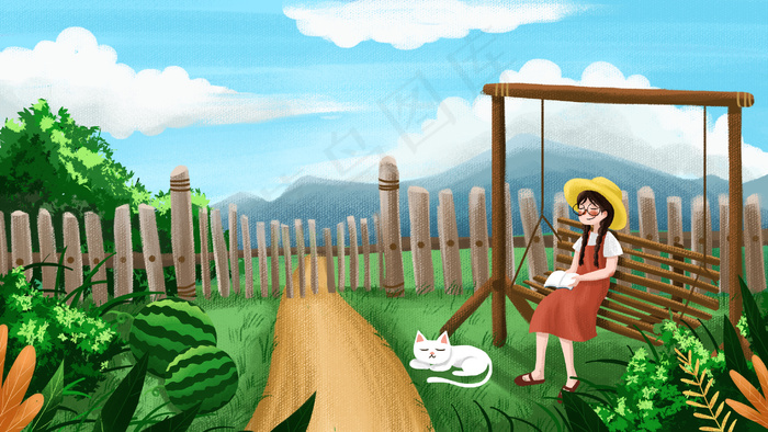 夏天夏季女孩小清新看书五月你好西瓜风景