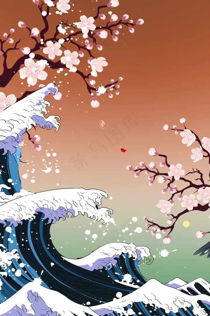 日系浮世绘女樱花海浪(3545*5315px 	      )psd模版下载