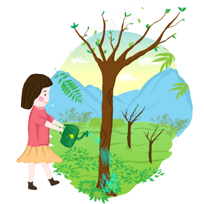 植树节浇水卡通手绘场景