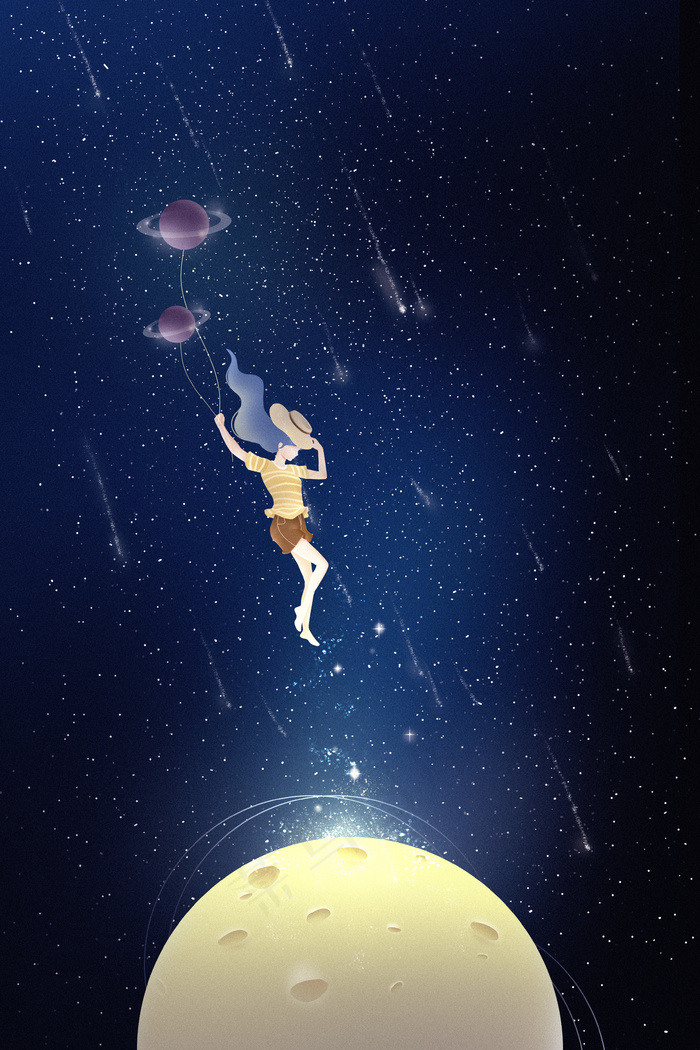 蓝色黄色梦幻渐变风格星空背景女孩与星球