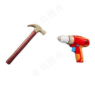 立体质感电钻铁锤png图,免抠元素