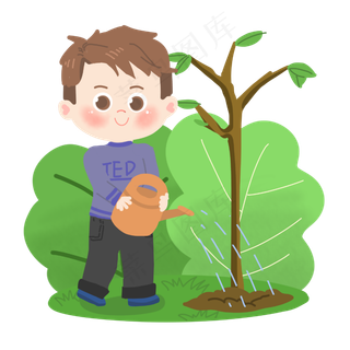 植树节卡通男生浇水PNG素材,免抠元素