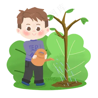 植树节卡通男生浇水PNG素材,免抠元素