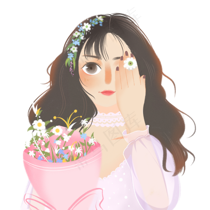 拿着花束的长发女孩(2000X2000(DPI:300))psd模版下载
