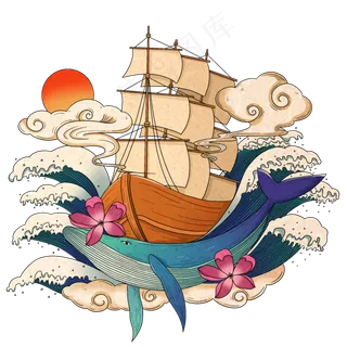 日本浮世绘风格鲸鱼帆船,免抠元素