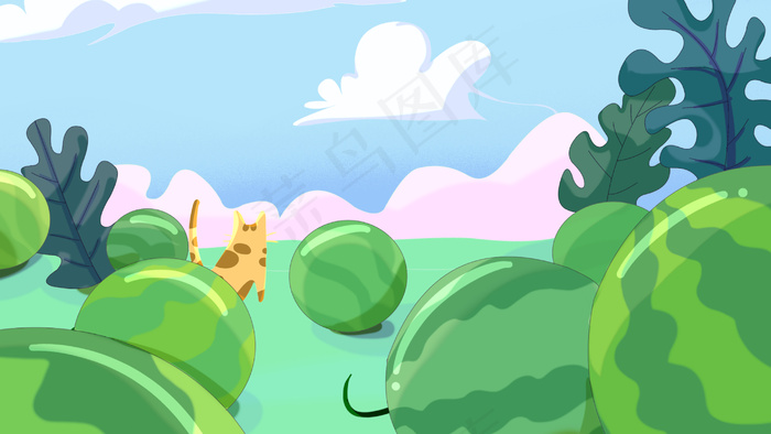 绿色系扁平风夏景西瓜地猫咪配图