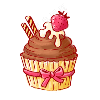 手绘草莓巧克力可爱纸杯蛋糕PNG免,免抠元素