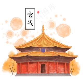 中国风水彩古建筑,免抠元素