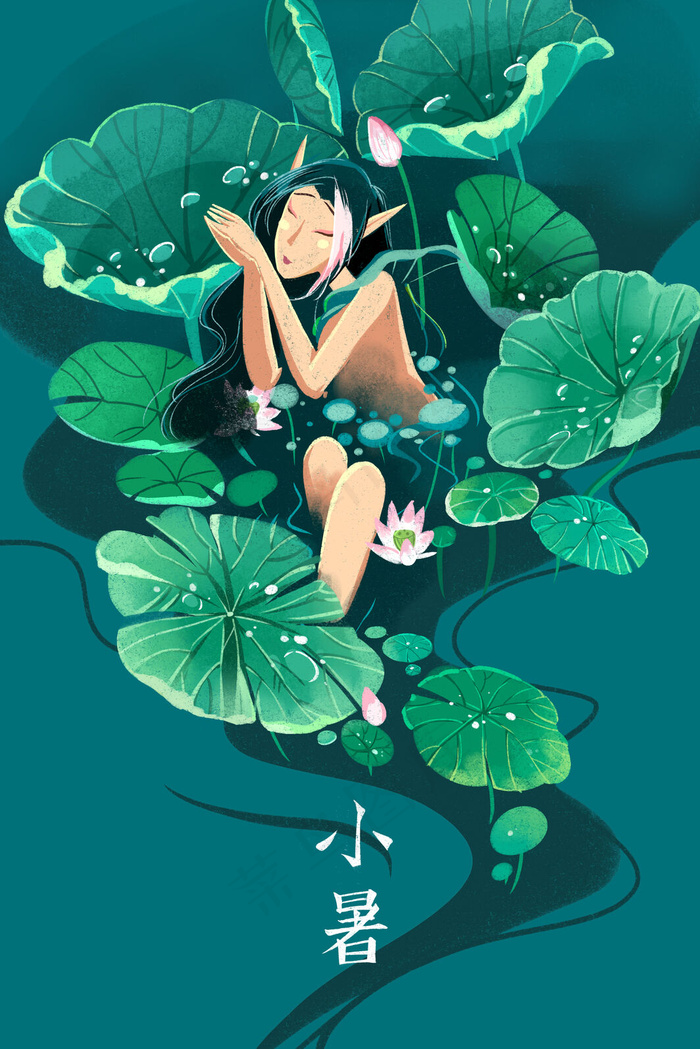 青色系卡通手绘风小暑夏景荷塘配图