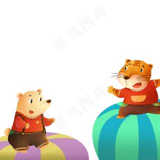 卡通河马和老虎在玩气球