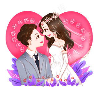 手绘结婚请柬西式新郎新娘卡通形,免抠元素