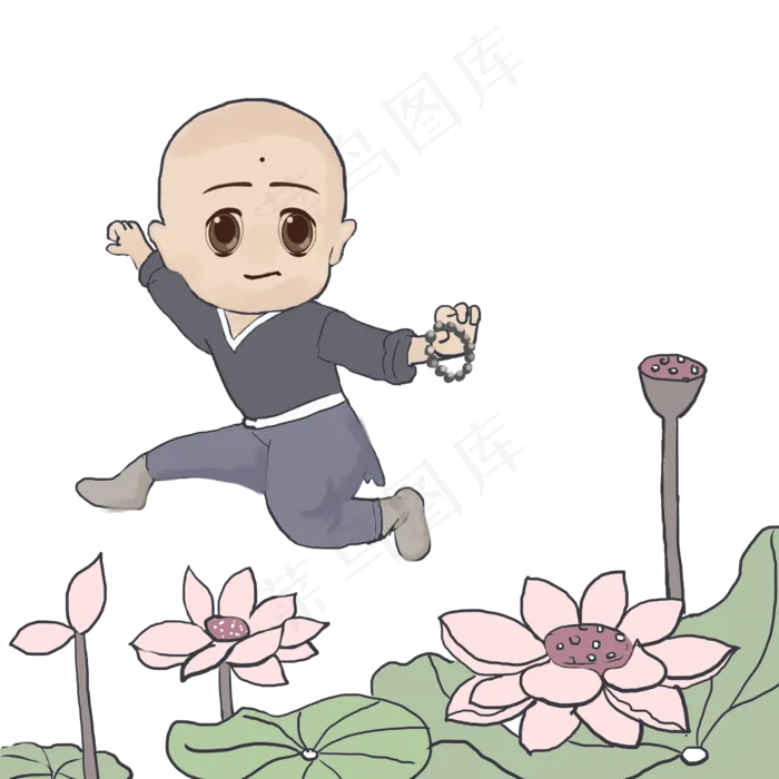 中国风手绘水墨小和尚和莲花(2000X2000(DPI:300))psd模版下载