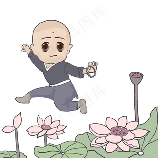 中国风手绘水墨小和尚和莲花