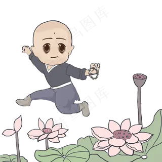 中国风手绘水墨小和尚和莲花