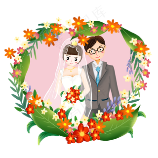 卡通可爱爱心新郎新娘西式婚礼结,免抠元素
