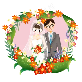卡通可爱爱心新郎新娘西式婚礼结,免抠元素