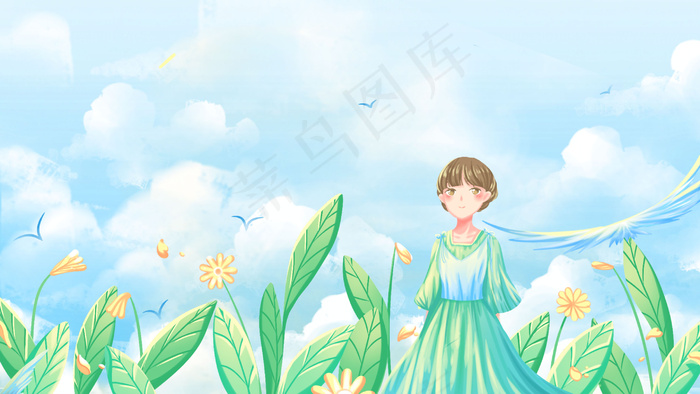 绿色唯美卡通治愈清新夏季夏景少女赏景配图