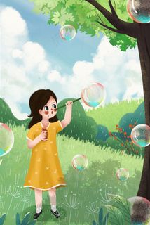 夏日女孩田野吹泡泡