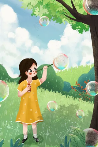 夏日女孩田野吹泡泡