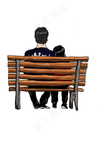 父亲节父子坐在长椅上