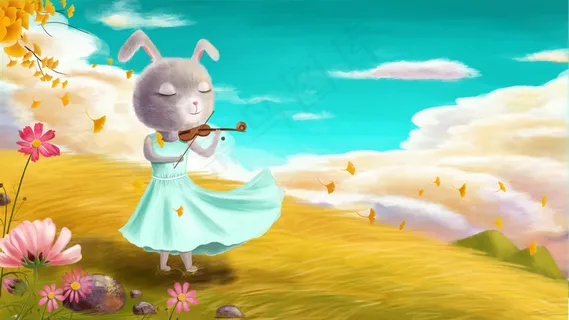 秋天金秋兔子拉提琴唯美风景图